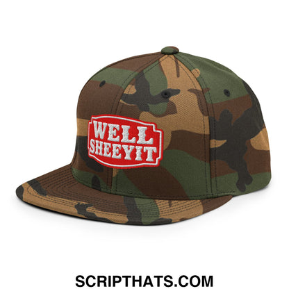 Well Sheeyit Embroidered Flat Bill Brim Snapback Hat Green Camo