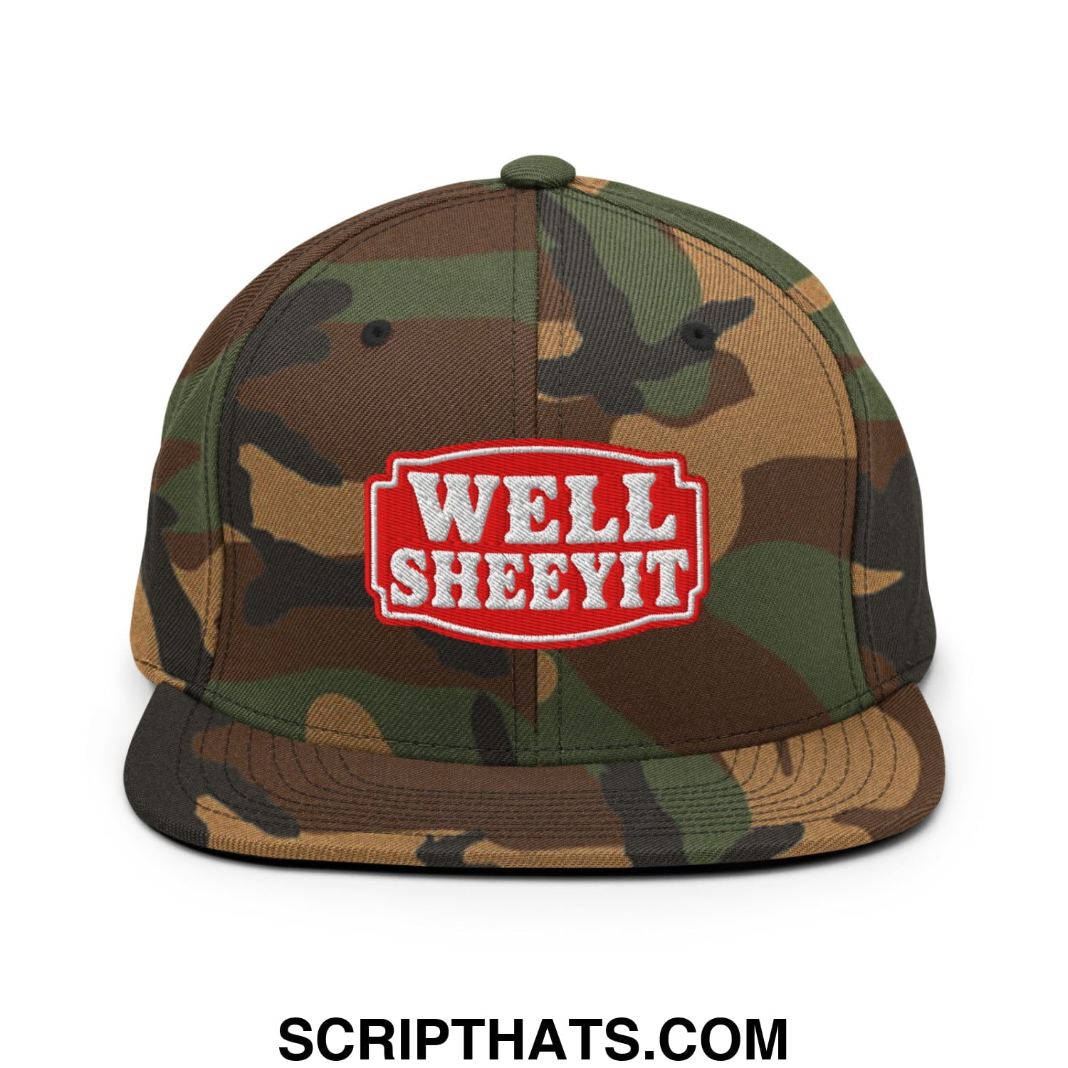 Well Sheeyit Embroidered Flat Bill Brim Snapback Hat Green Camo