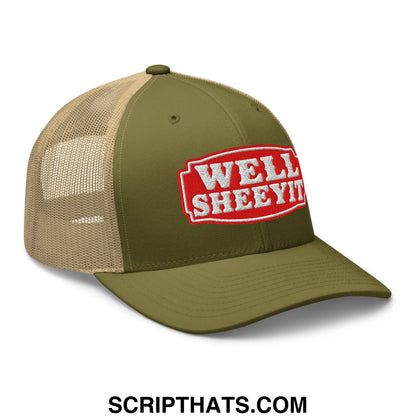Well Sheeyit Embroidered Mesh Trucker Hat Moss Khaki