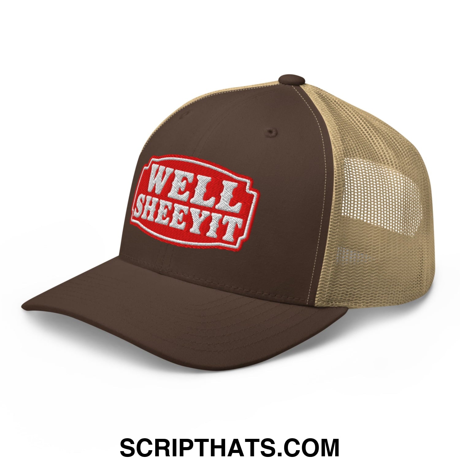 Well Sheeyit Embroidered Mesh Trucker Hat Brown Khaki