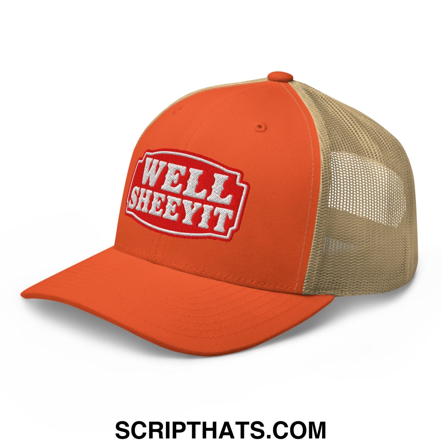 Well Sheeyit Embroidered Mesh Trucker Hat Rustic Orange Khaki