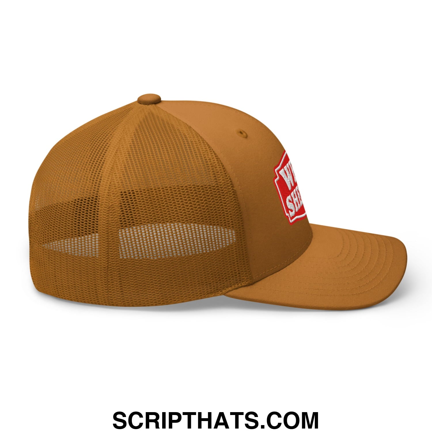 Well Sheeyit Embroidered Mesh Trucker Hat Caramel