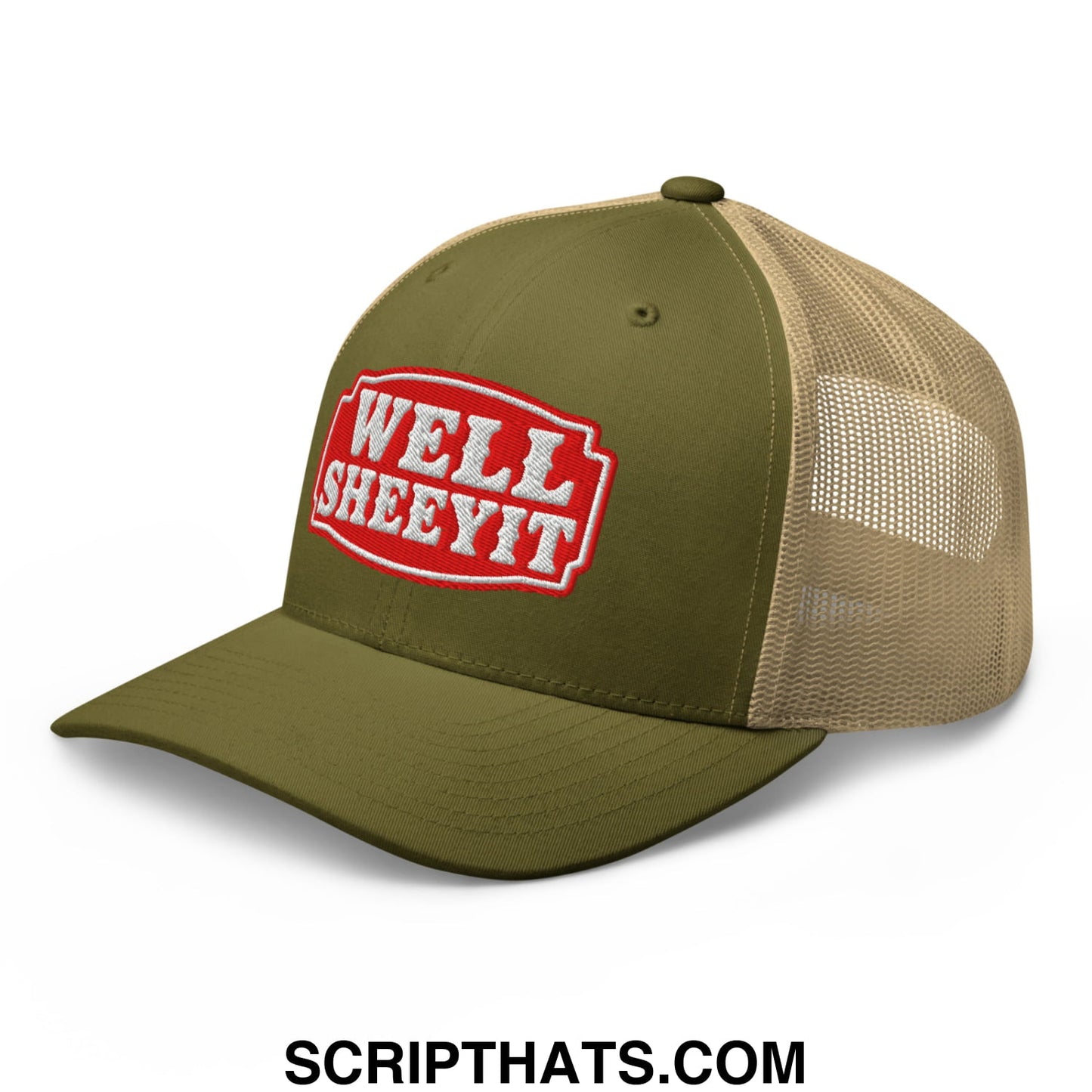 Well Sheeyit Embroidered Mesh Trucker Hat Moss Khaki