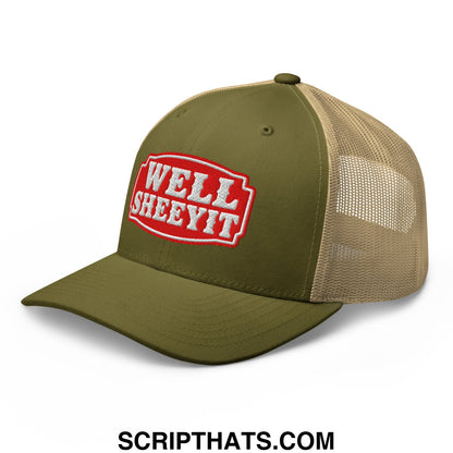 Well Sheeyit Embroidered Mesh Trucker Hat Moss Khaki