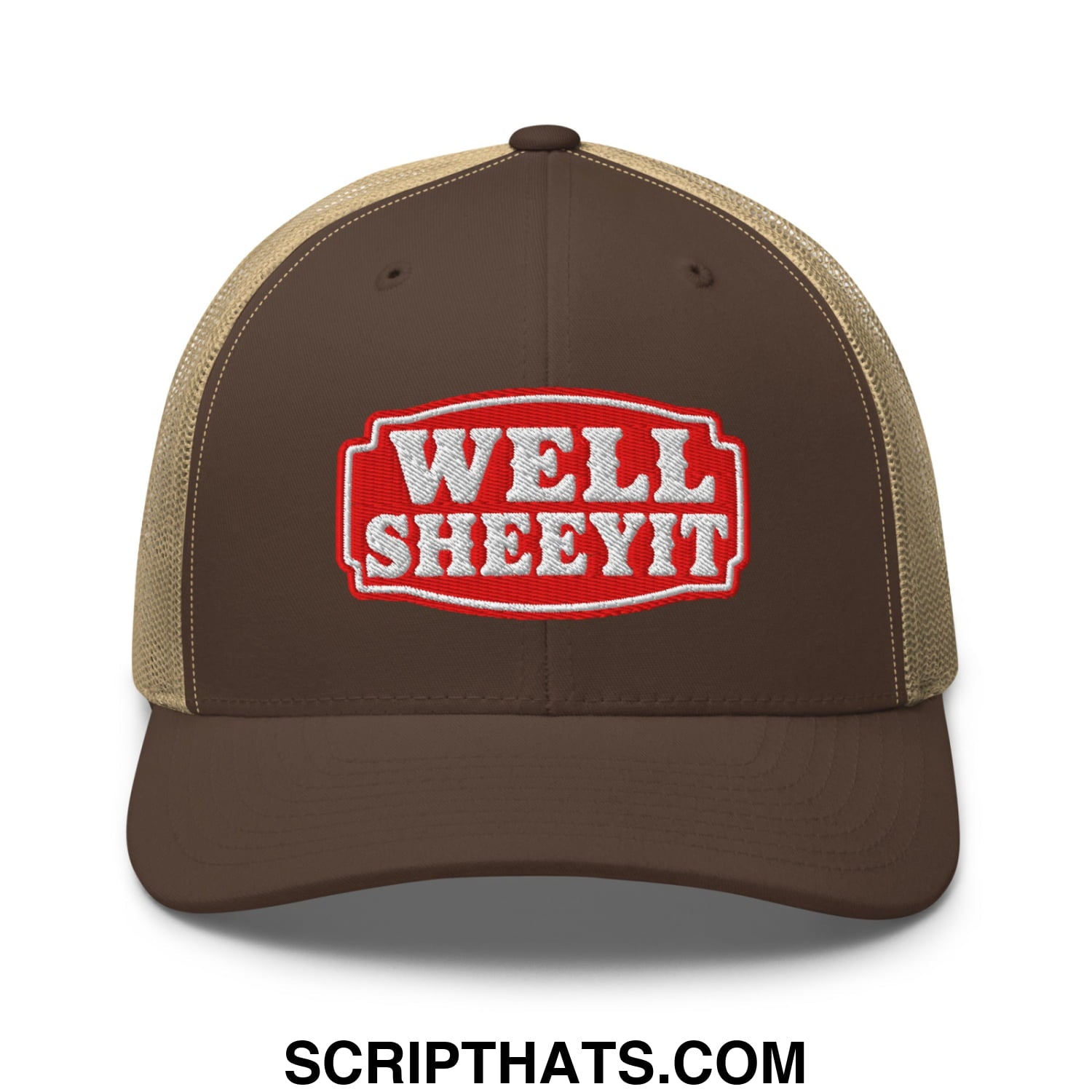 Well Sheeyit Embroidered Mesh Trucker Hat Brown Khaki