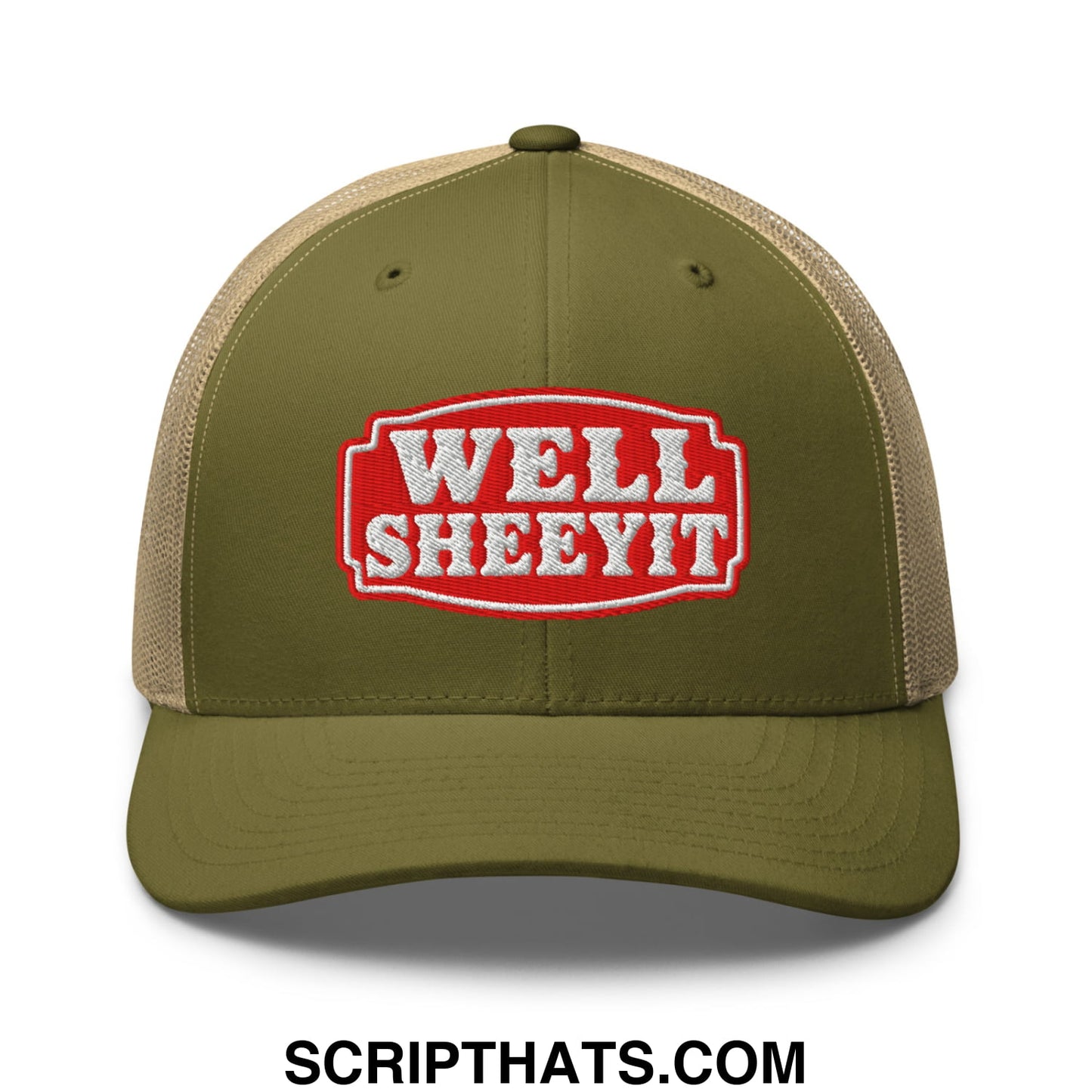 Well Sheeyit Embroidered Mesh Trucker Hat Moss Khaki