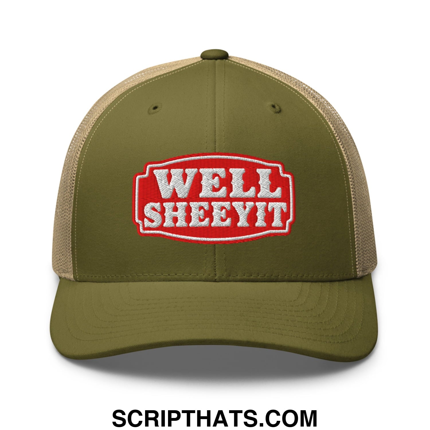 Well Sheeyit Embroidered Mesh Trucker Hat Moss Khaki