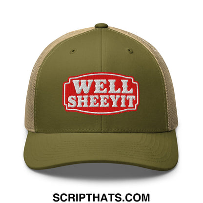 Well Sheeyit Embroidered Mesh Trucker Hat Moss Khaki