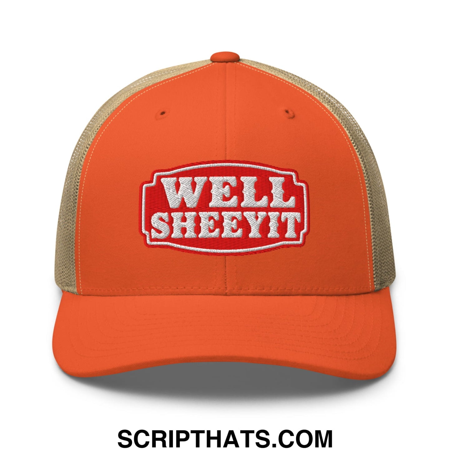 Well Sheeyit Embroidered Mesh Trucker Hat Rustic Orange Khaki