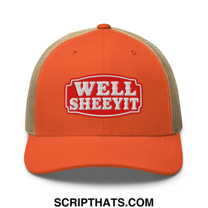 Well Sheeyit Embroidered Mesh Trucker Hat Rustic Orange Khaki