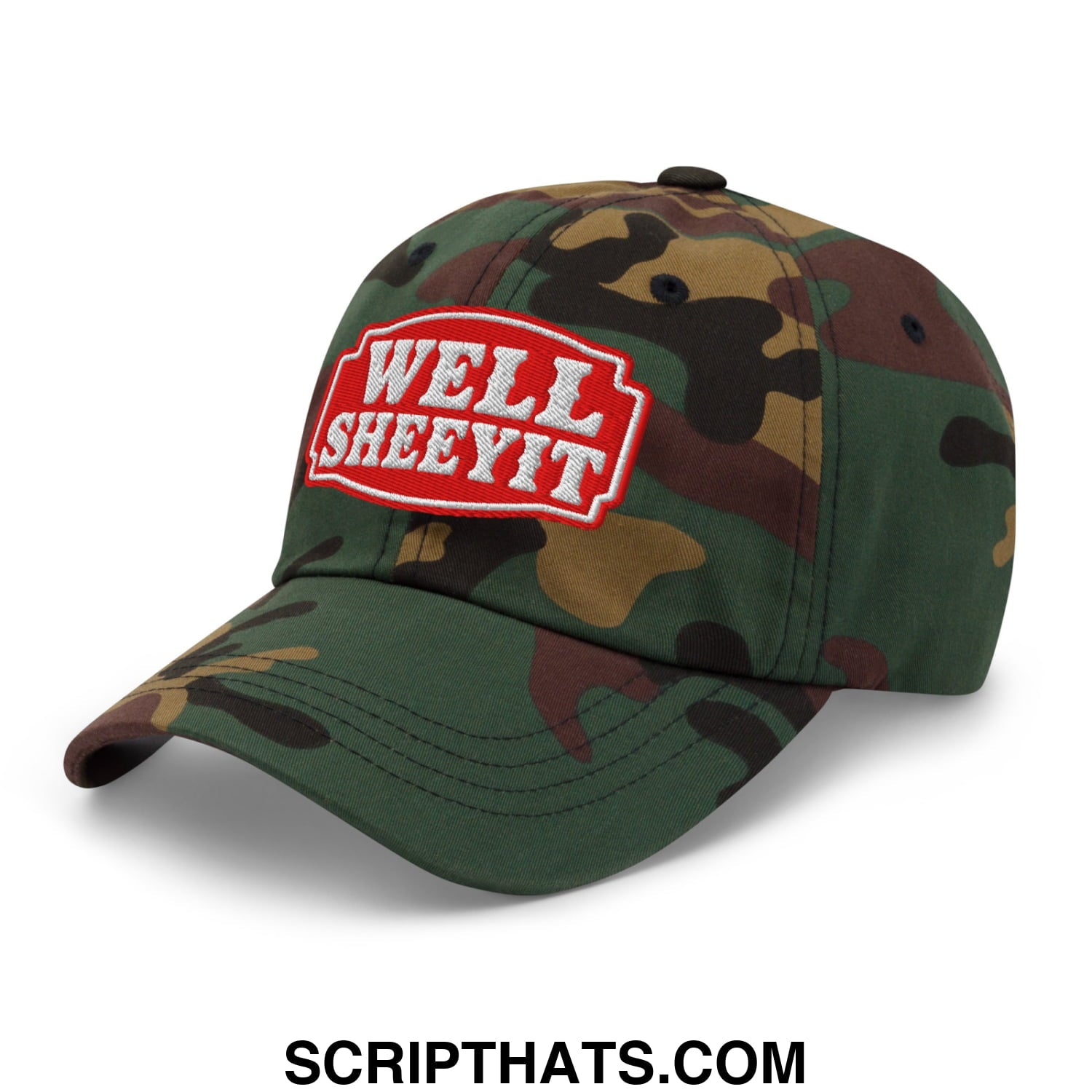 Well Sheeyit Embroidered Unstructured Dad Hat Green Camo