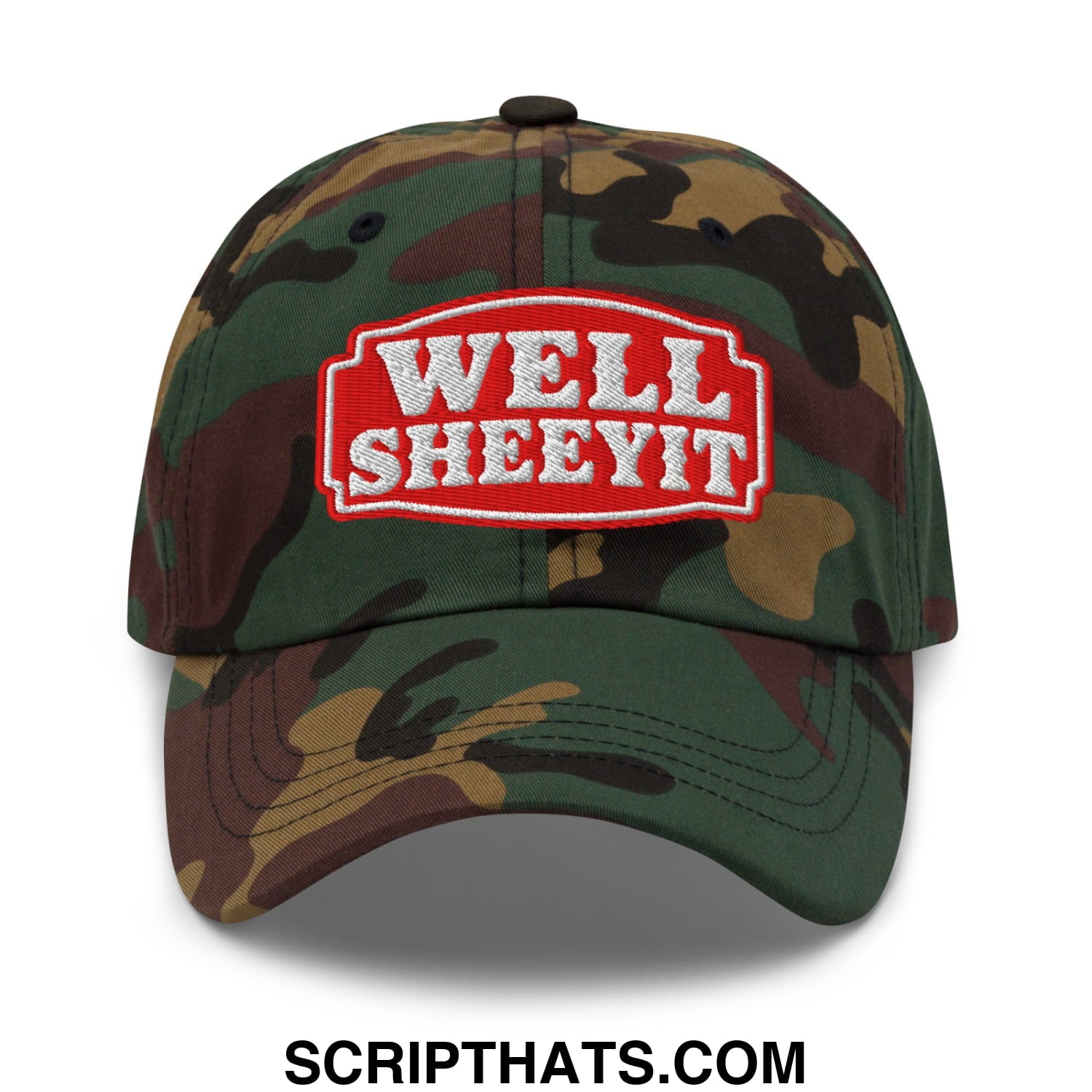 Well Sheeyit Embroidered Unstructured Dad Hat Green Camo