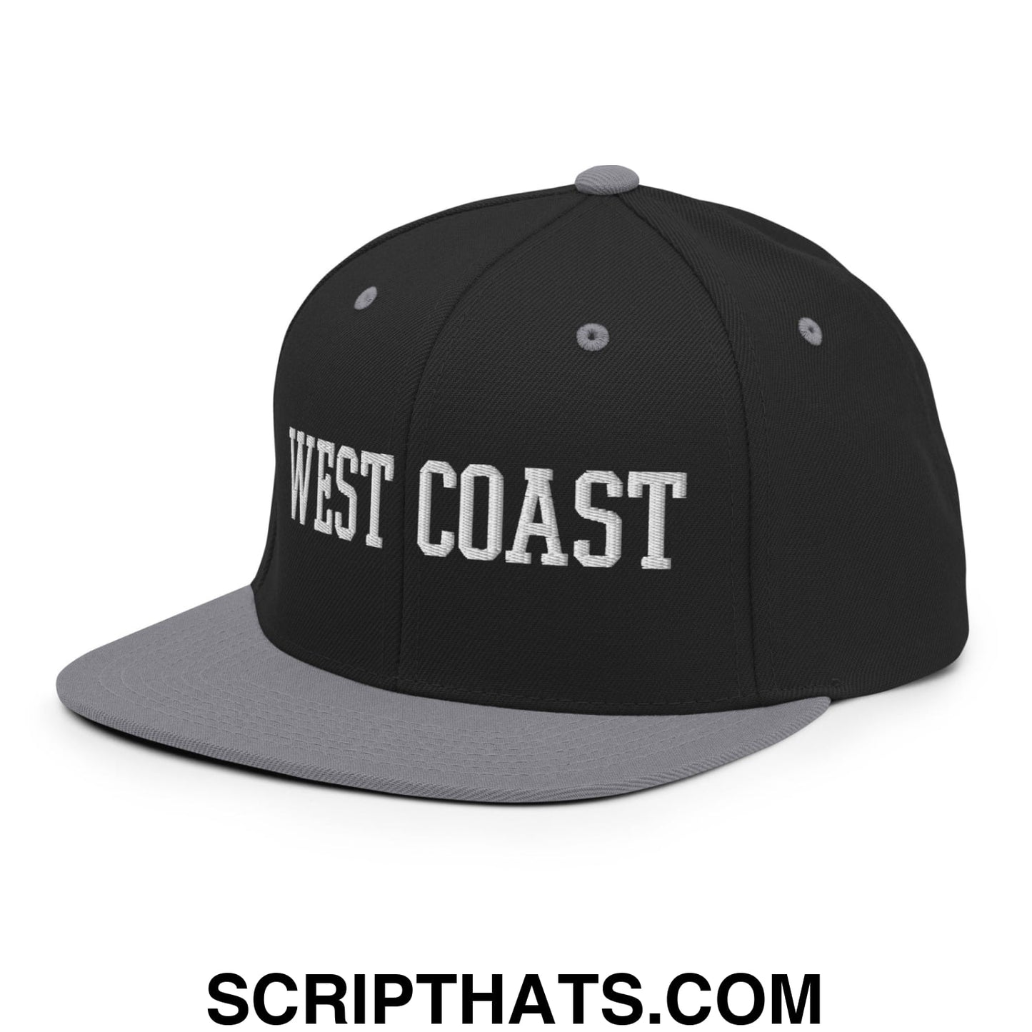 West Coast Embroidered Flat Bill Brim Snapback Hat Black Silver