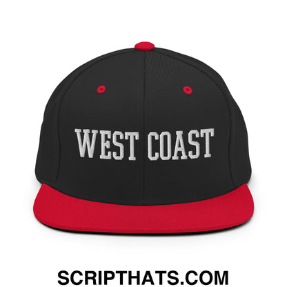West Coast Embroidered Flat Bill Brim Snapback Hat Black Red