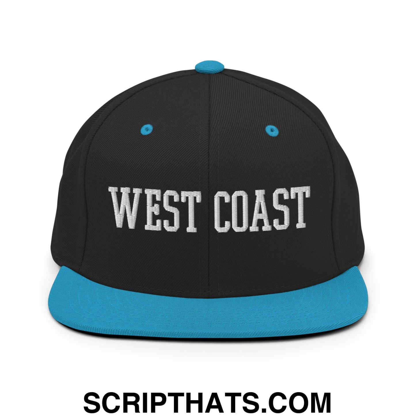 West Coast Embroidered Flat Bill Brim Snapback Hat Black Teal