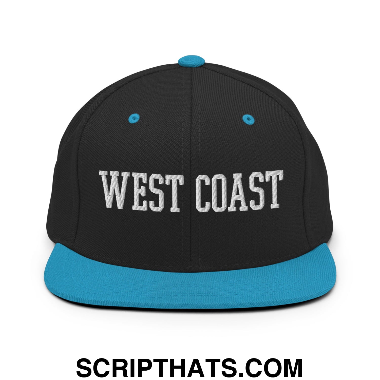 West Coast Embroidered Flat Bill Brim Snapback Hat Black Teal