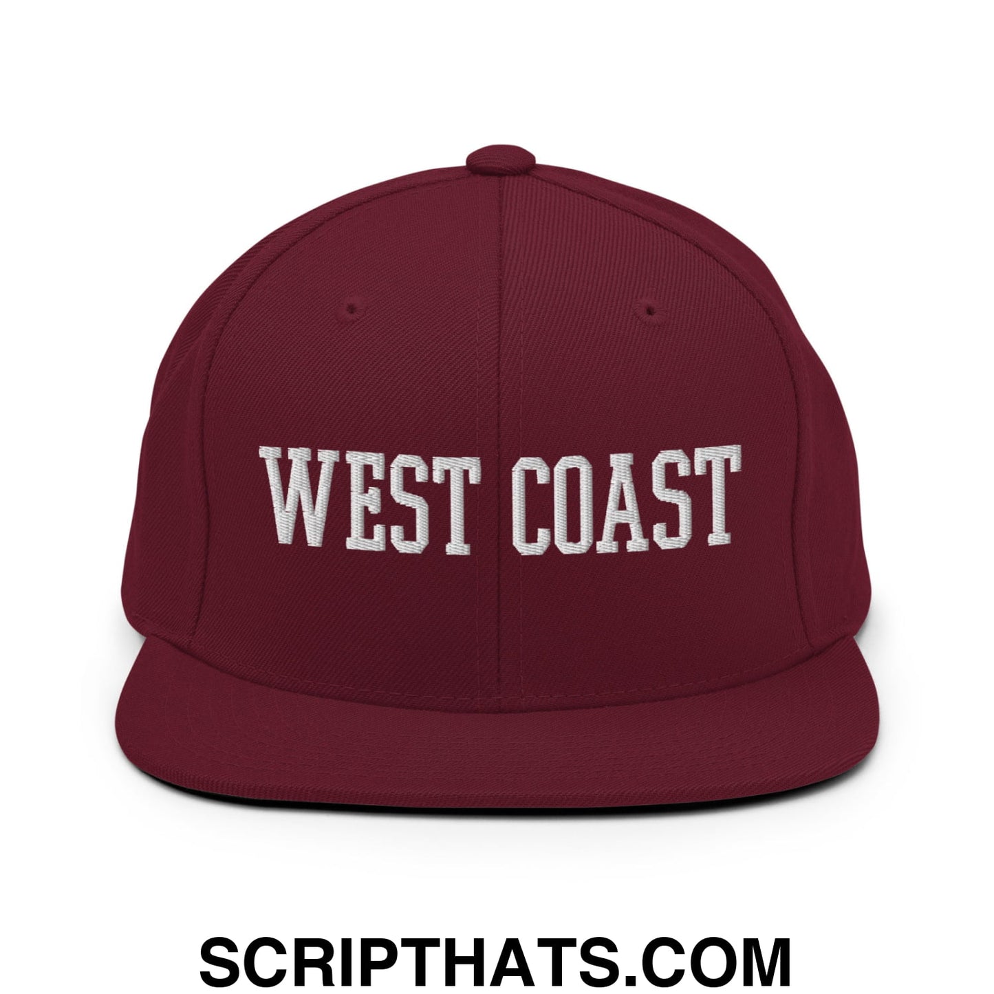 West Coast Embroidered Flat Bill Brim Snapback Hat Maroon
