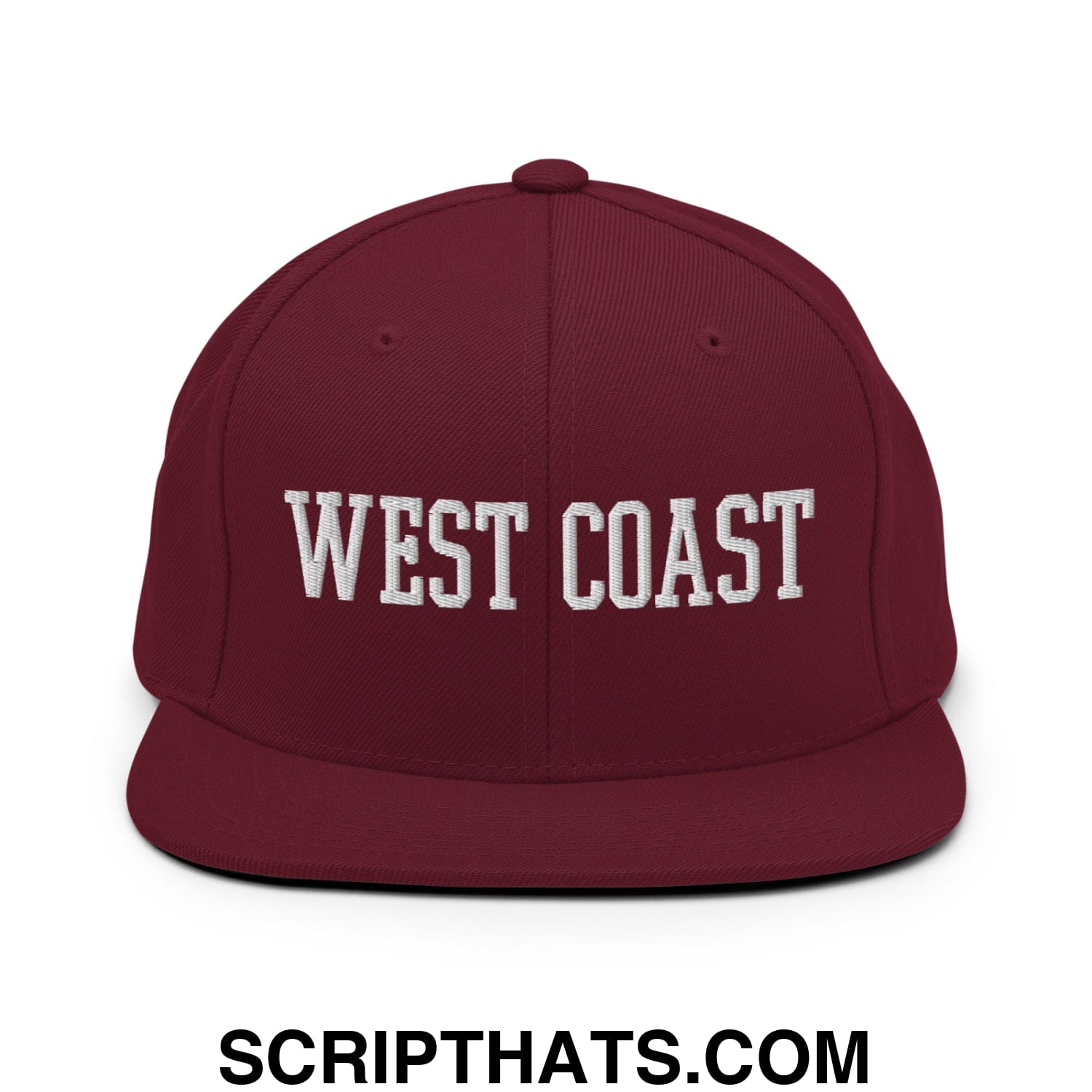 West Coast Embroidered Flat Bill Brim Snapback Hat Maroon