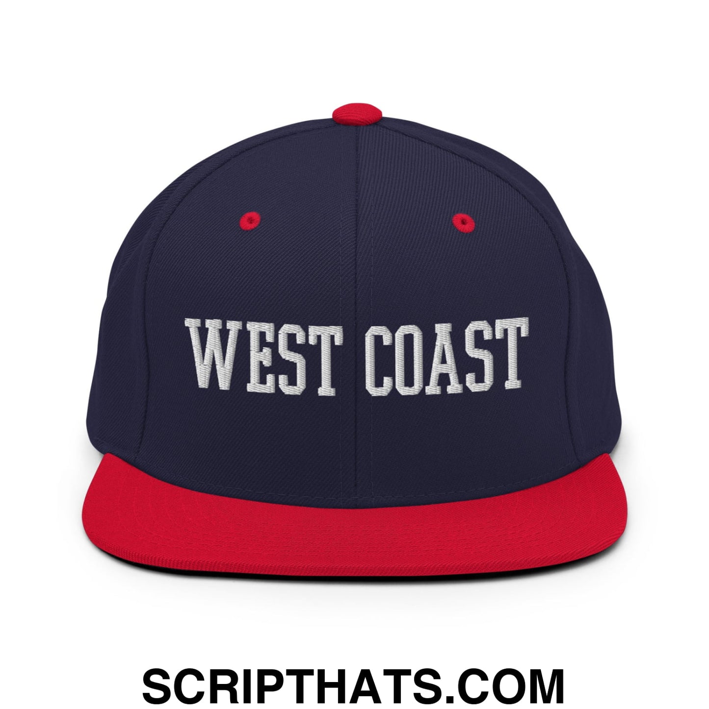 West Coast Embroidered Flat Bill Brim Snapback Hat Navy Red