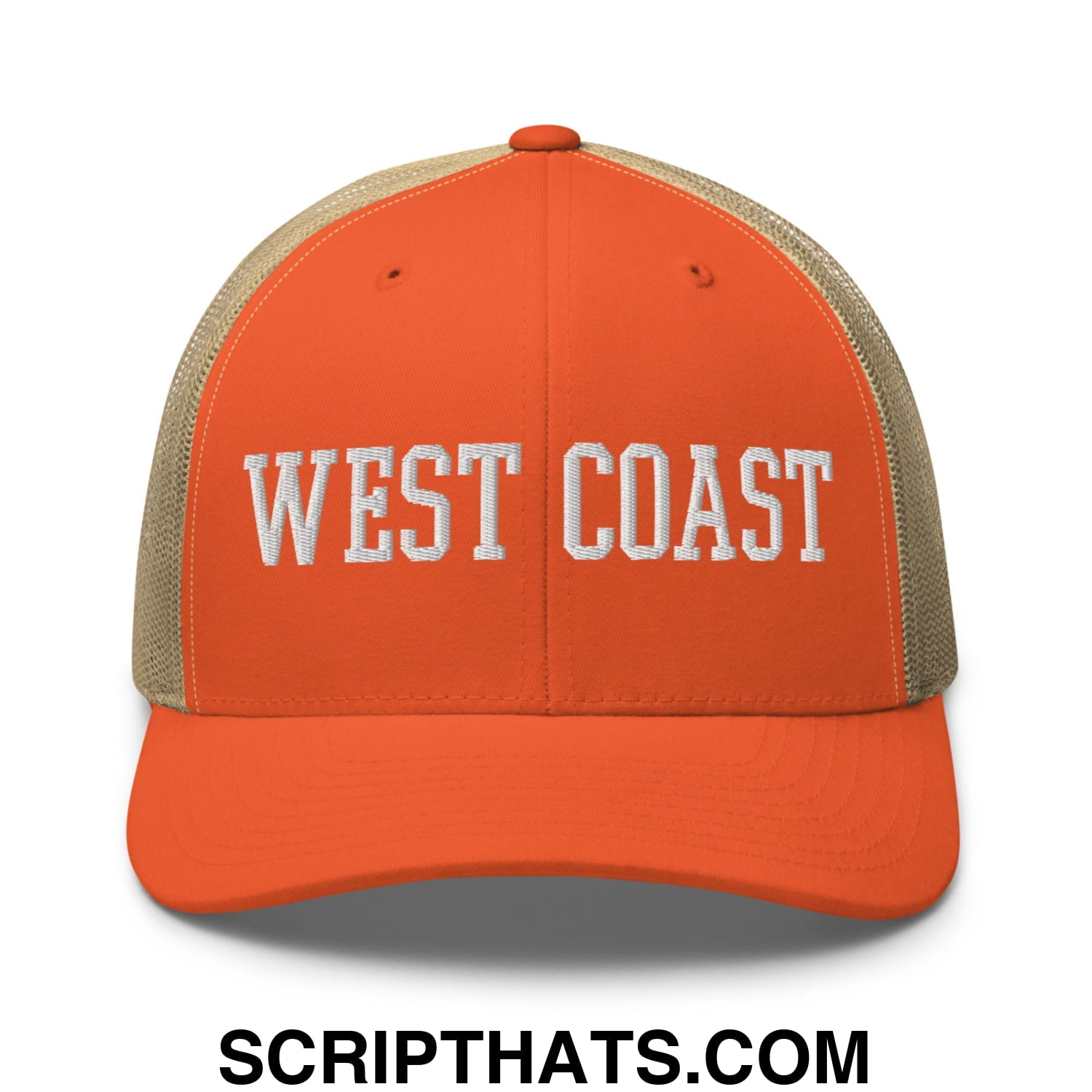 West Coast Embroidered Mesh Trucker Hat Rustic Orange Khaki