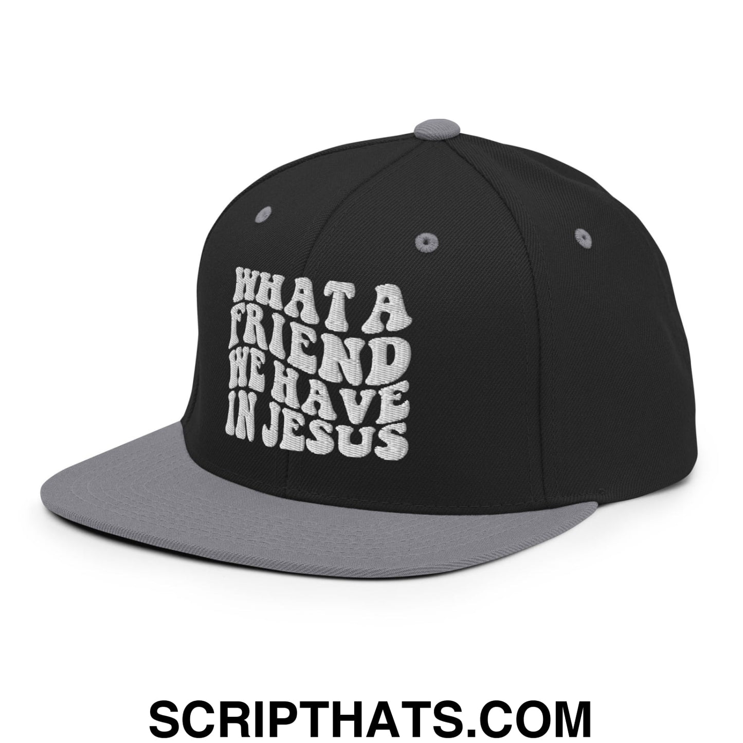 What a Friend We Have in Jesus Embroidered Flat Bill Brim Snapback Hat Black Silver