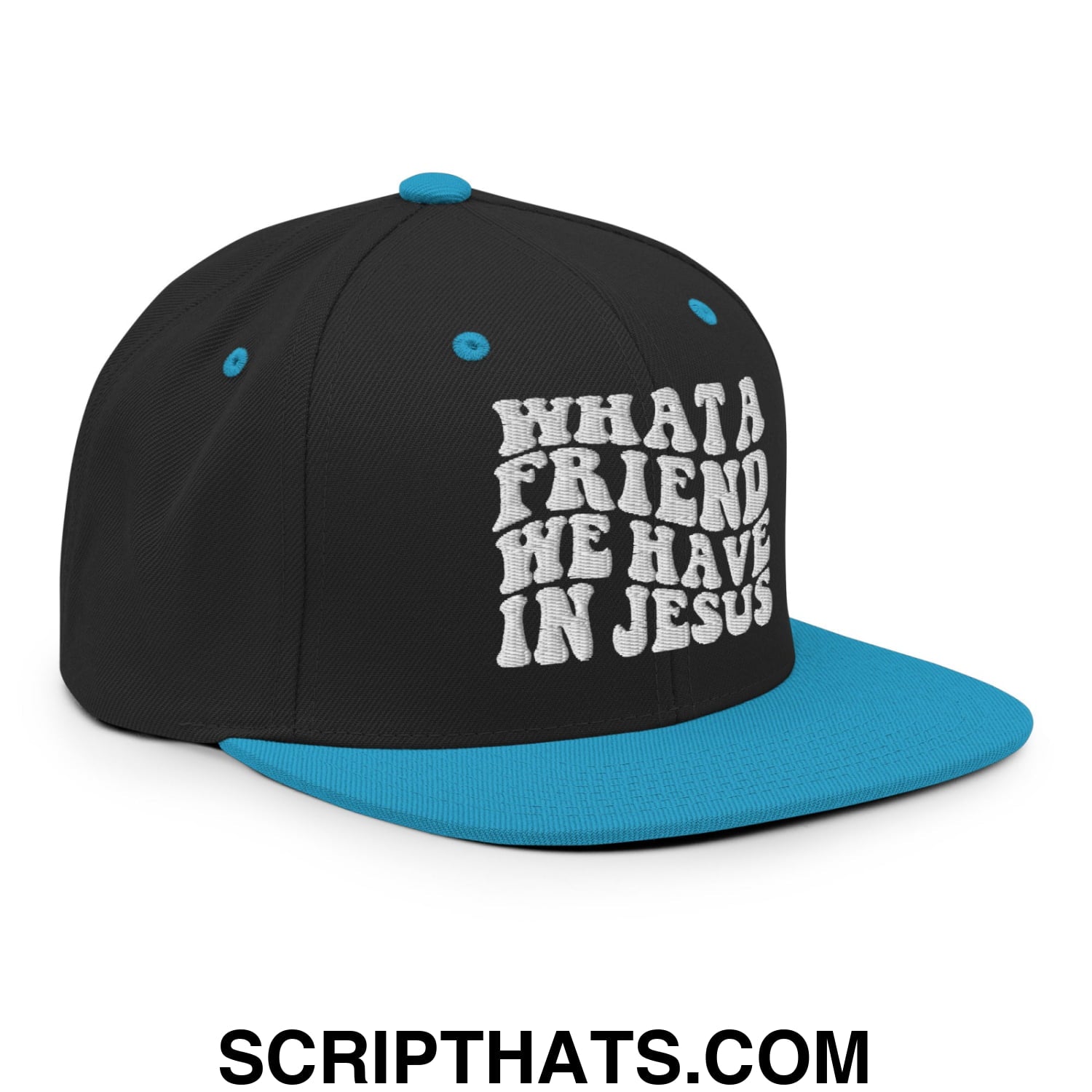 What a Friend We Have in Jesus Embroidered Flat Bill Brim Snapback Hat Black Teal