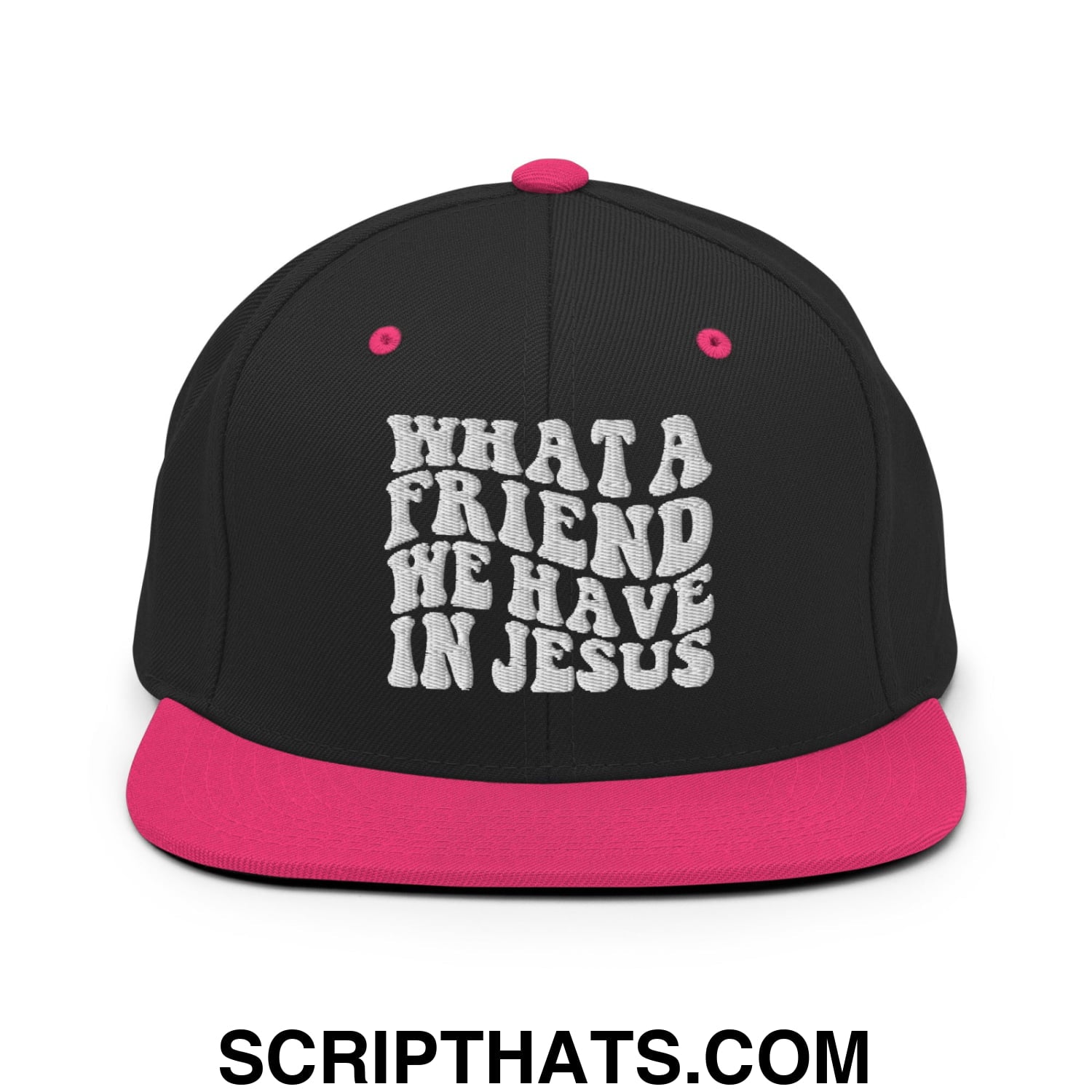 What a Friend We Have in Jesus Embroidered Flat Bill Brim Snapback Hat Black Neon Pink