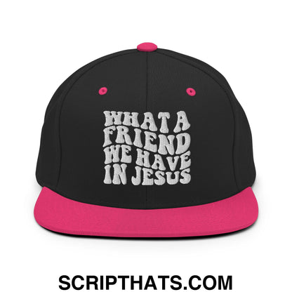 What a Friend We Have in Jesus Embroidered Flat Bill Brim Snapback Hat Black Neon Pink