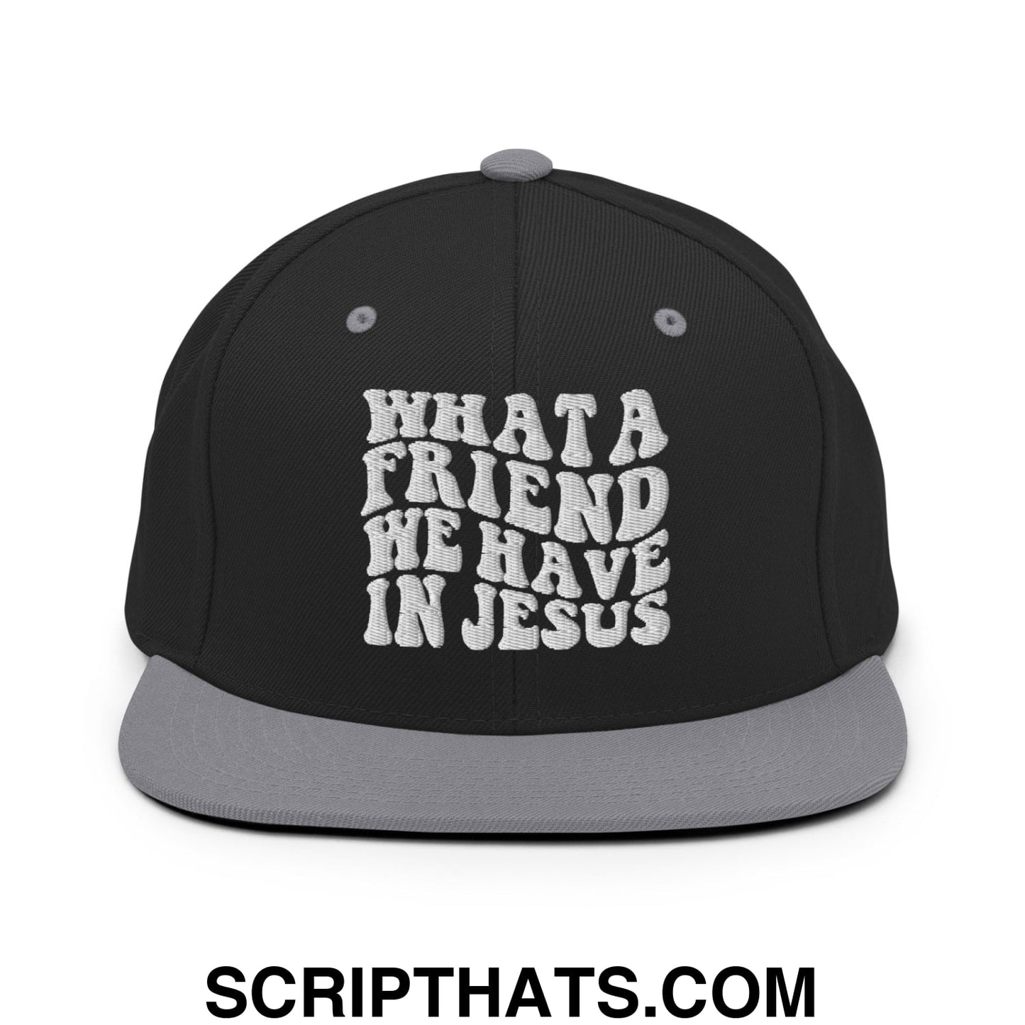What a Friend We Have in Jesus Embroidered Flat Bill Brim Snapback Hat Black Silver