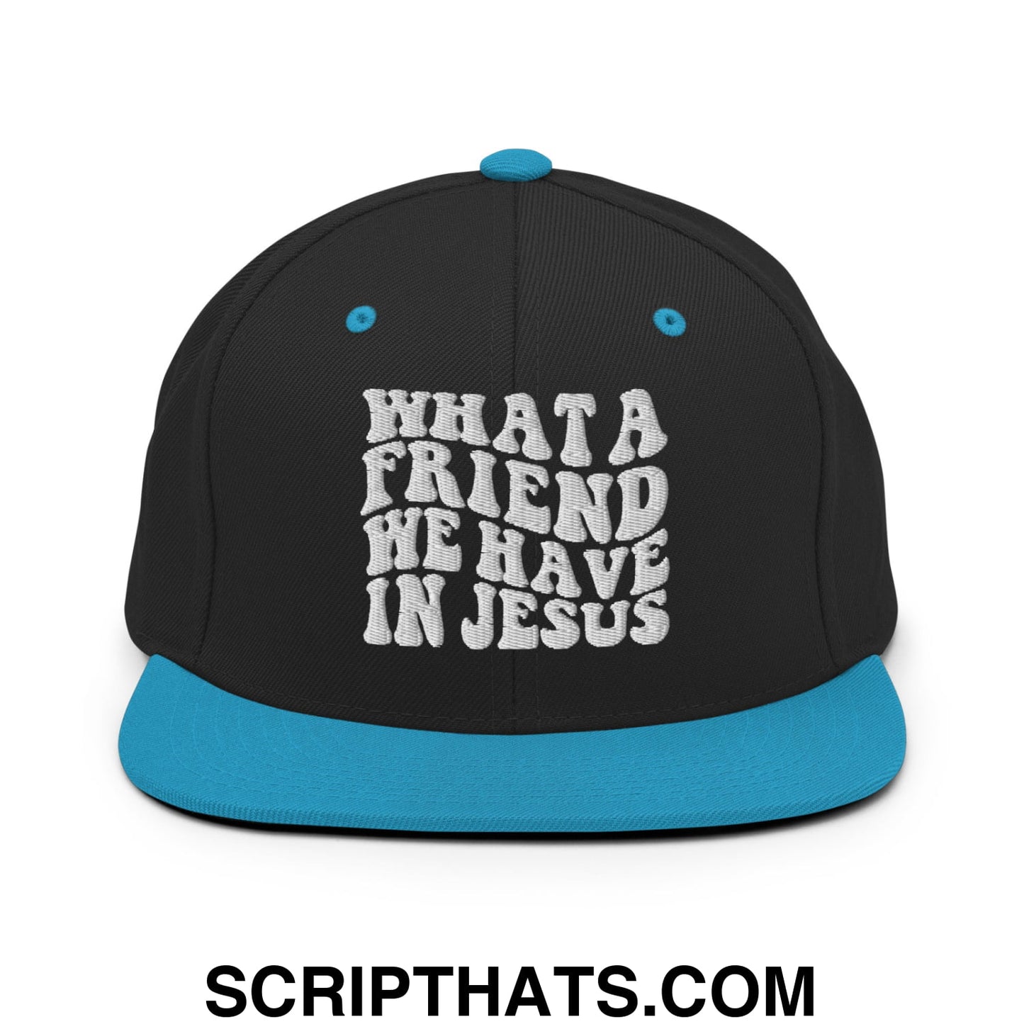 What a Friend We Have in Jesus Embroidered Flat Bill Brim Snapback Hat Black Teal