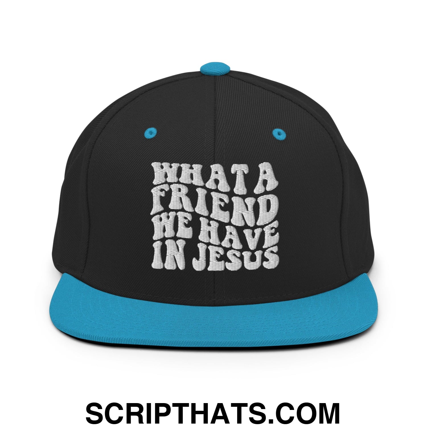 What a Friend We Have in Jesus Embroidered Flat Bill Brim Snapback Hat Black Teal