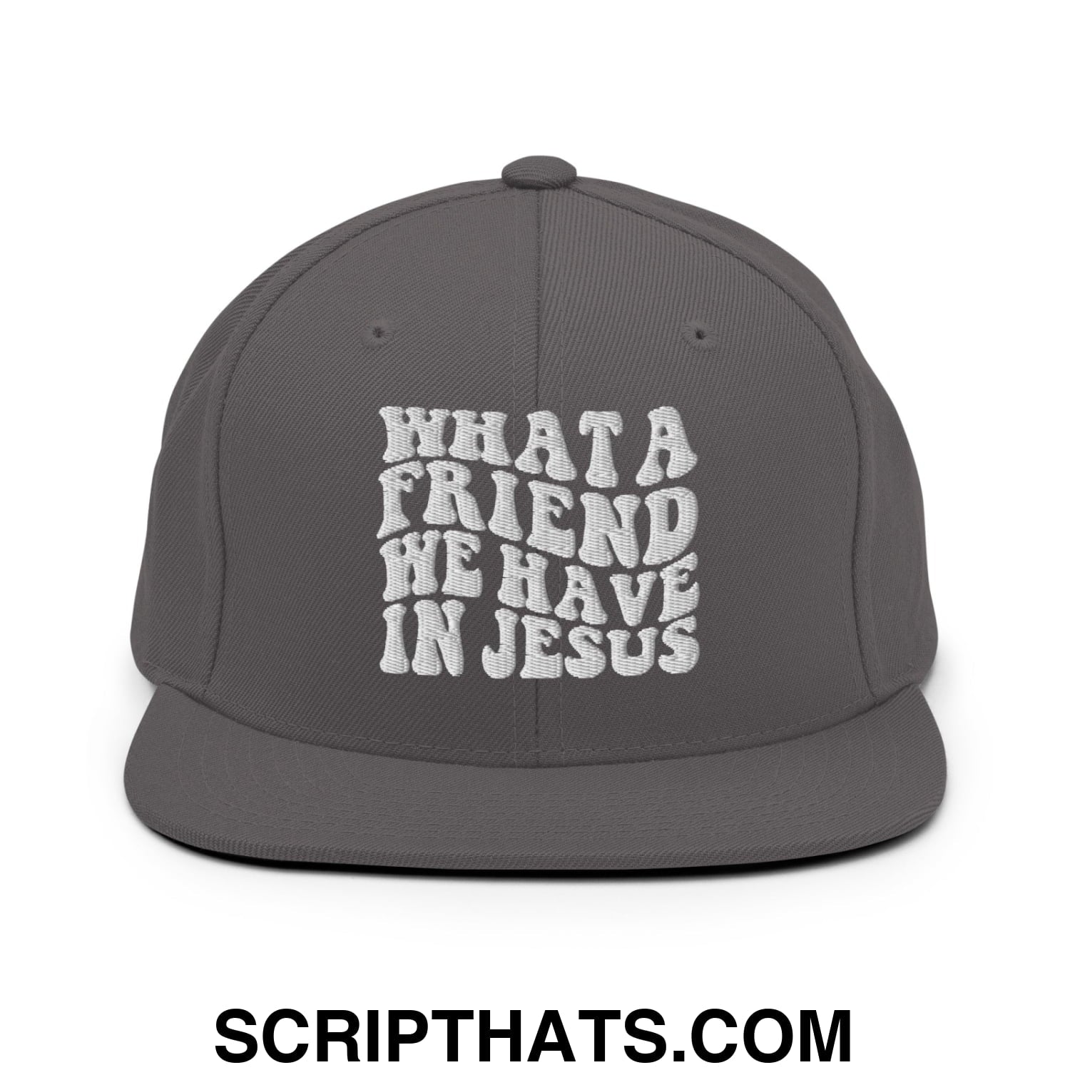 What a Friend We Have in Jesus Embroidered Flat Bill Brim Snapback Hat Dark Grey