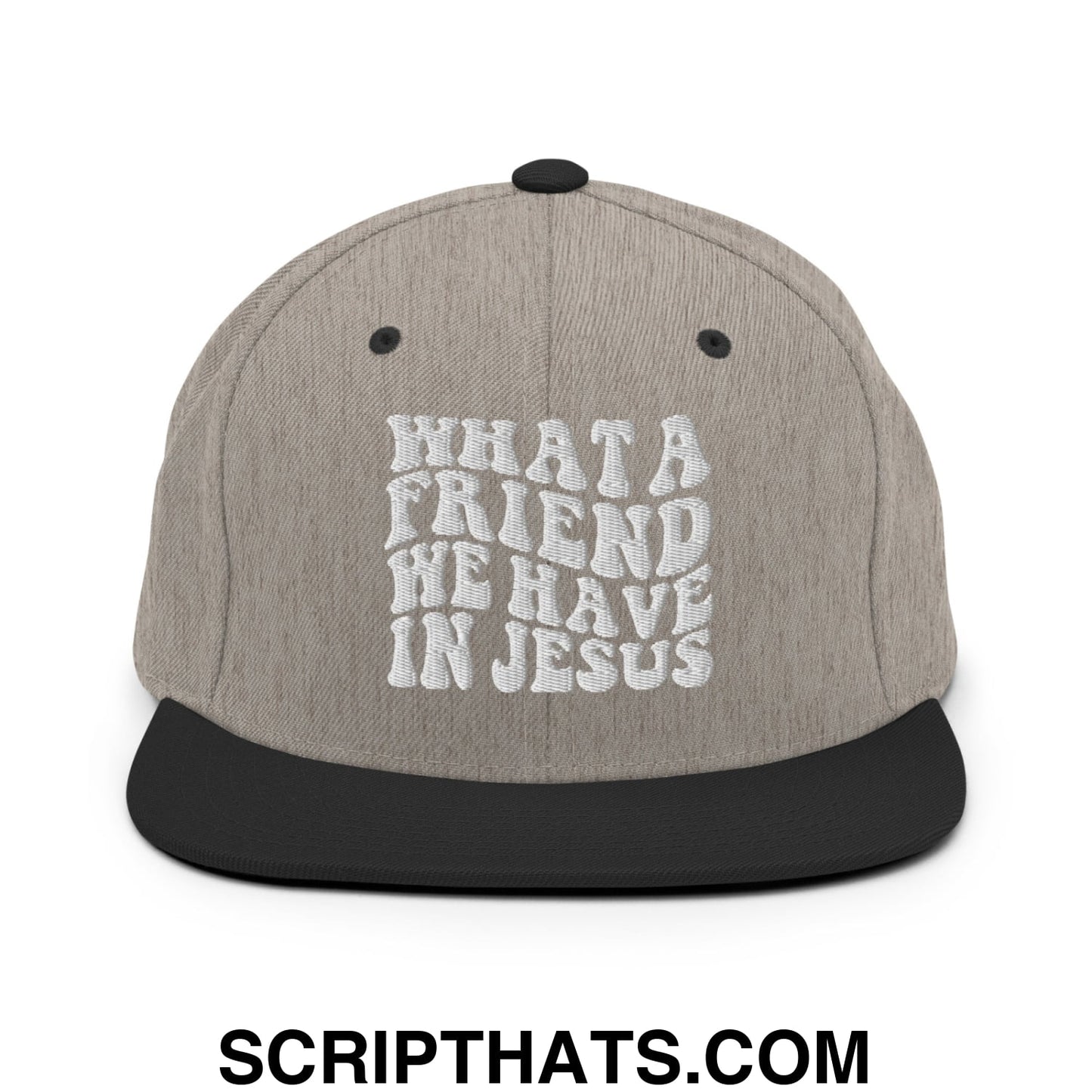 What a Friend We Have in Jesus Embroidered Flat Bill Brim Snapback Hat Heather Black