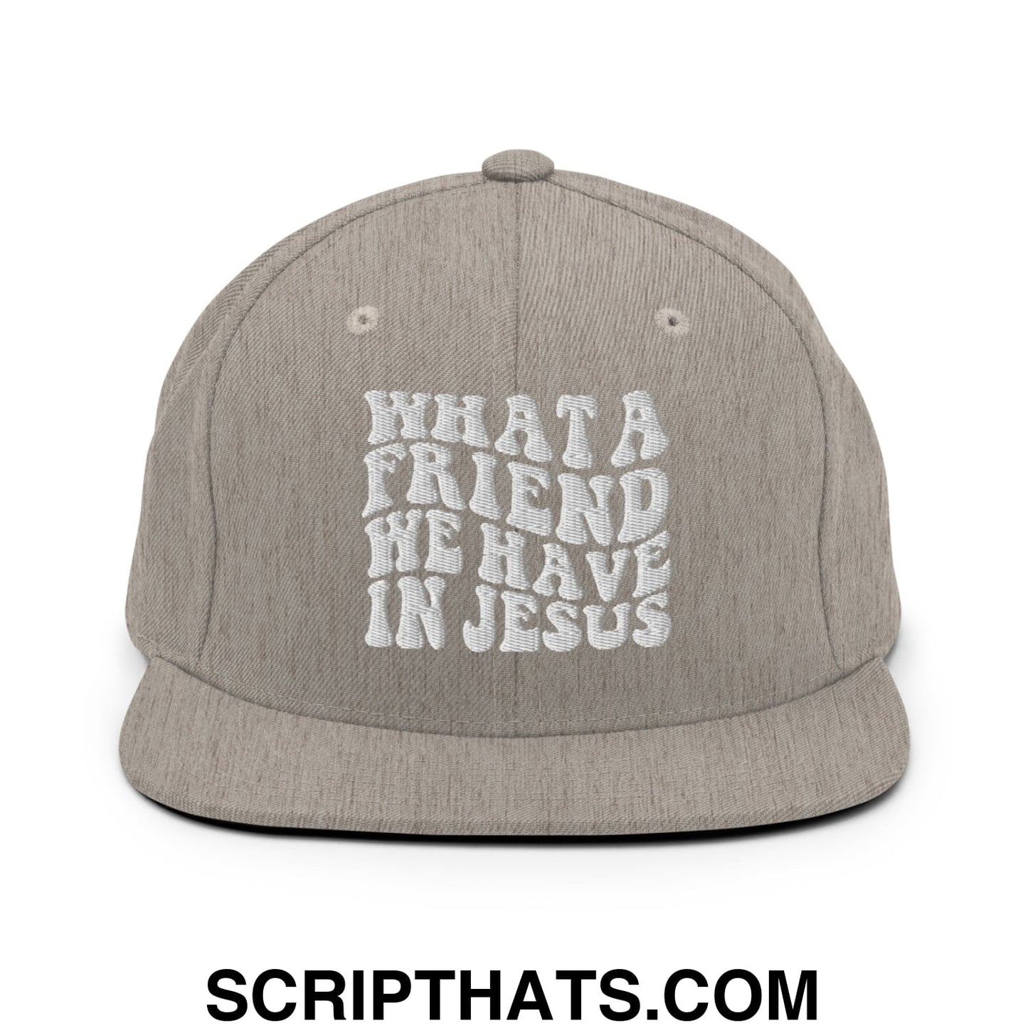 What a Friend We Have in Jesus Embroidered Flat Bill Brim Snapback Hat Heather Grey