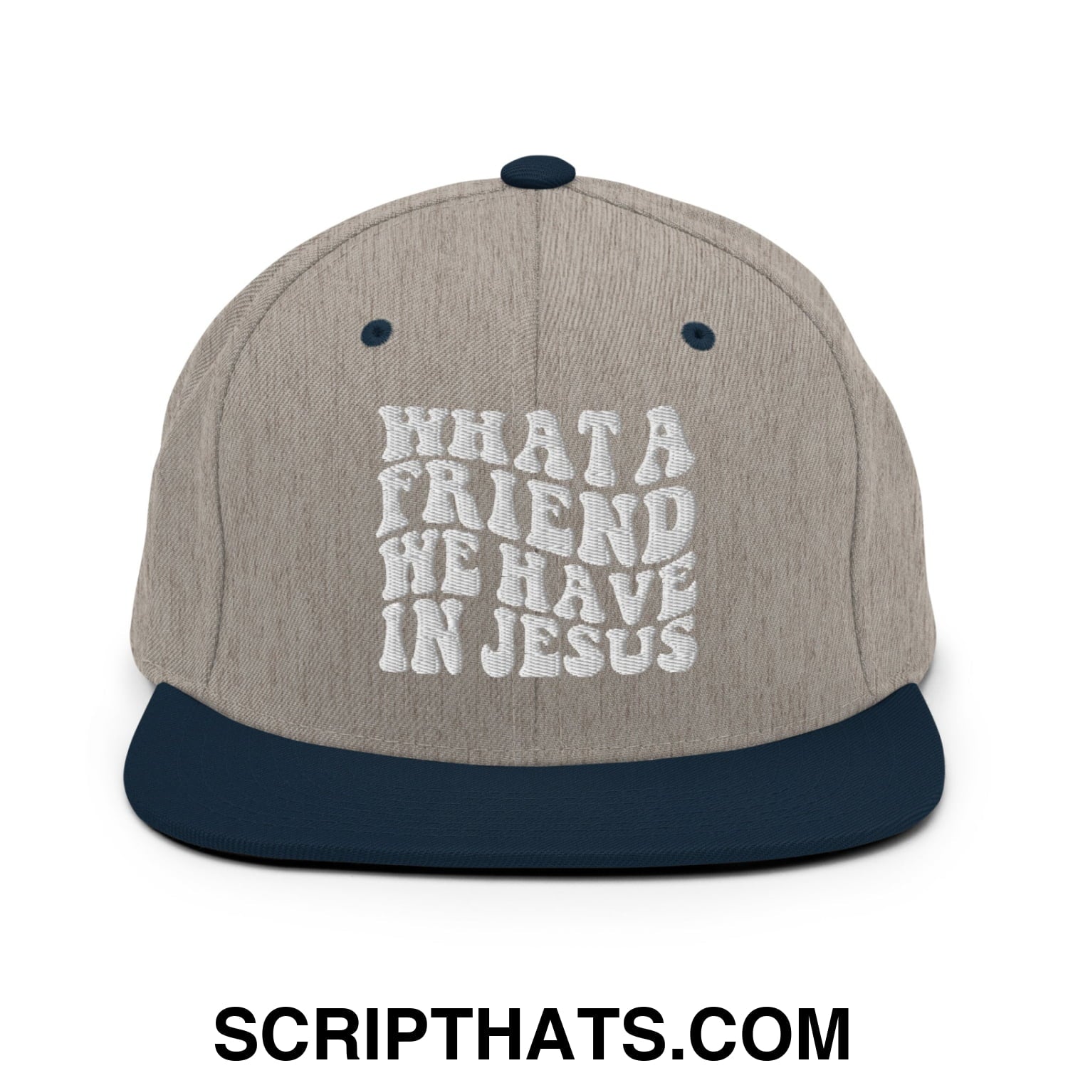 What a Friend We Have in Jesus Embroidered Flat Bill Brim Snapback Hat Heather Grey Navy
