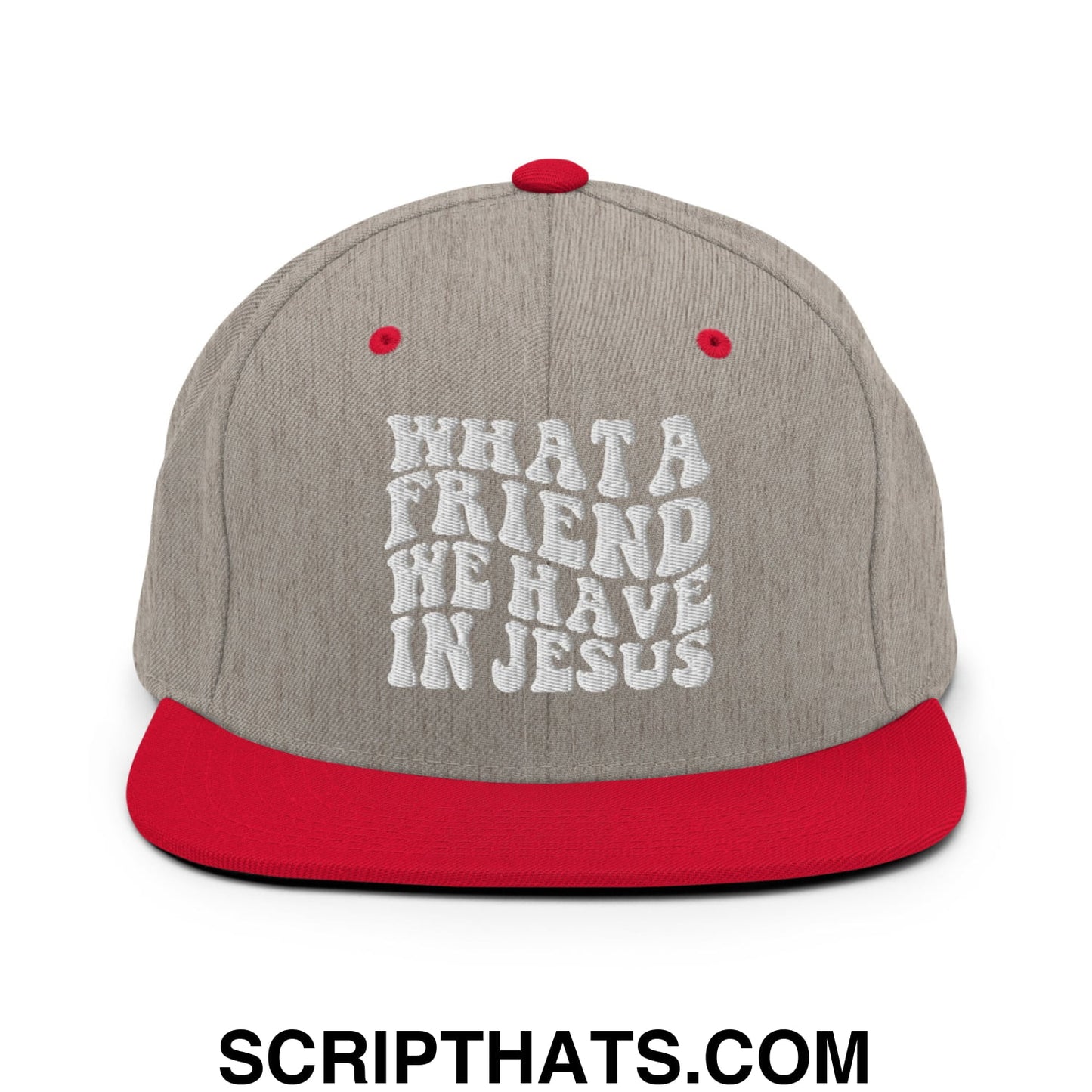 What a Friend We Have in Jesus Embroidered Flat Bill Brim Snapback Hat Heather Grey Red