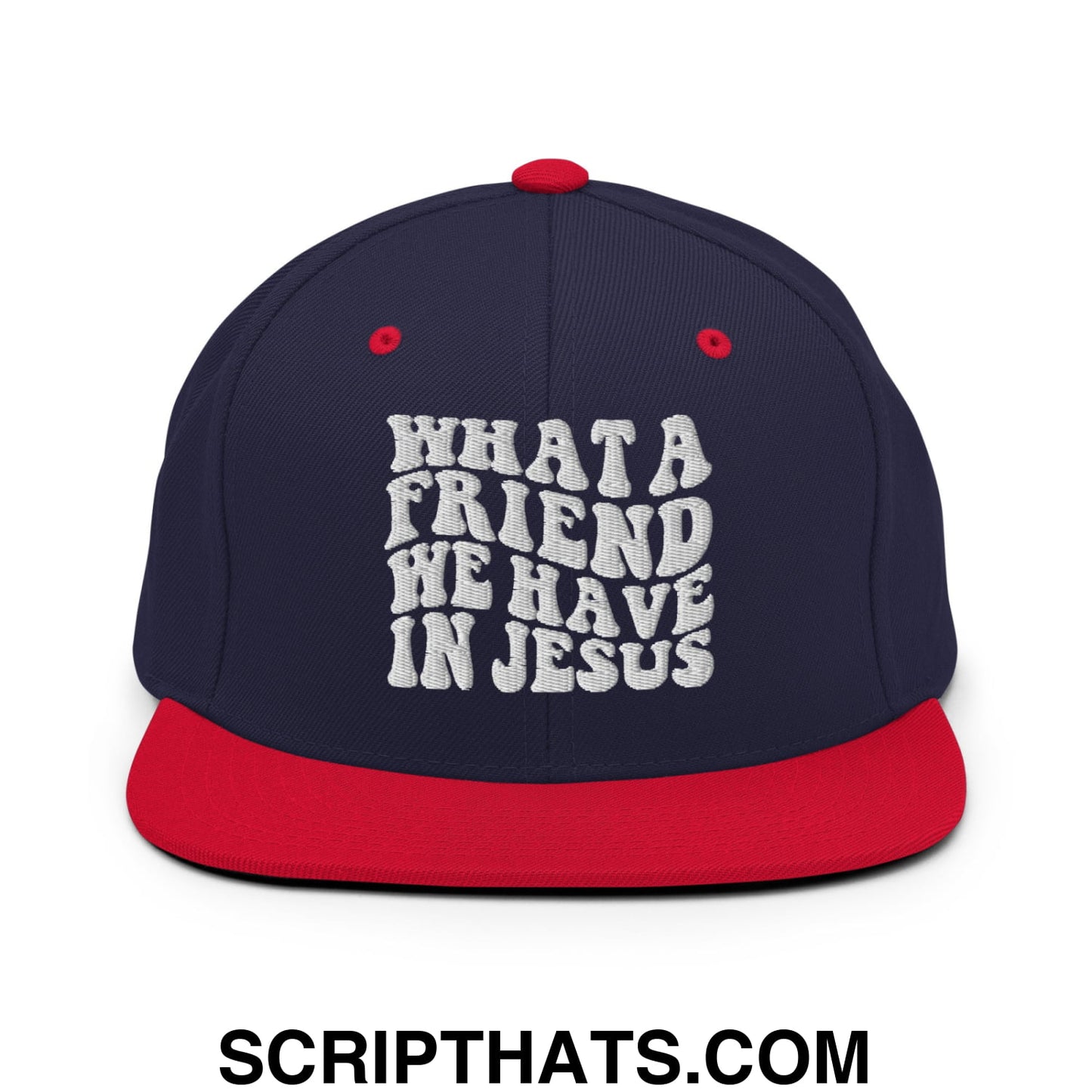 What a Friend We Have in Jesus Embroidered Flat Bill Brim Snapback Hat Navy Red