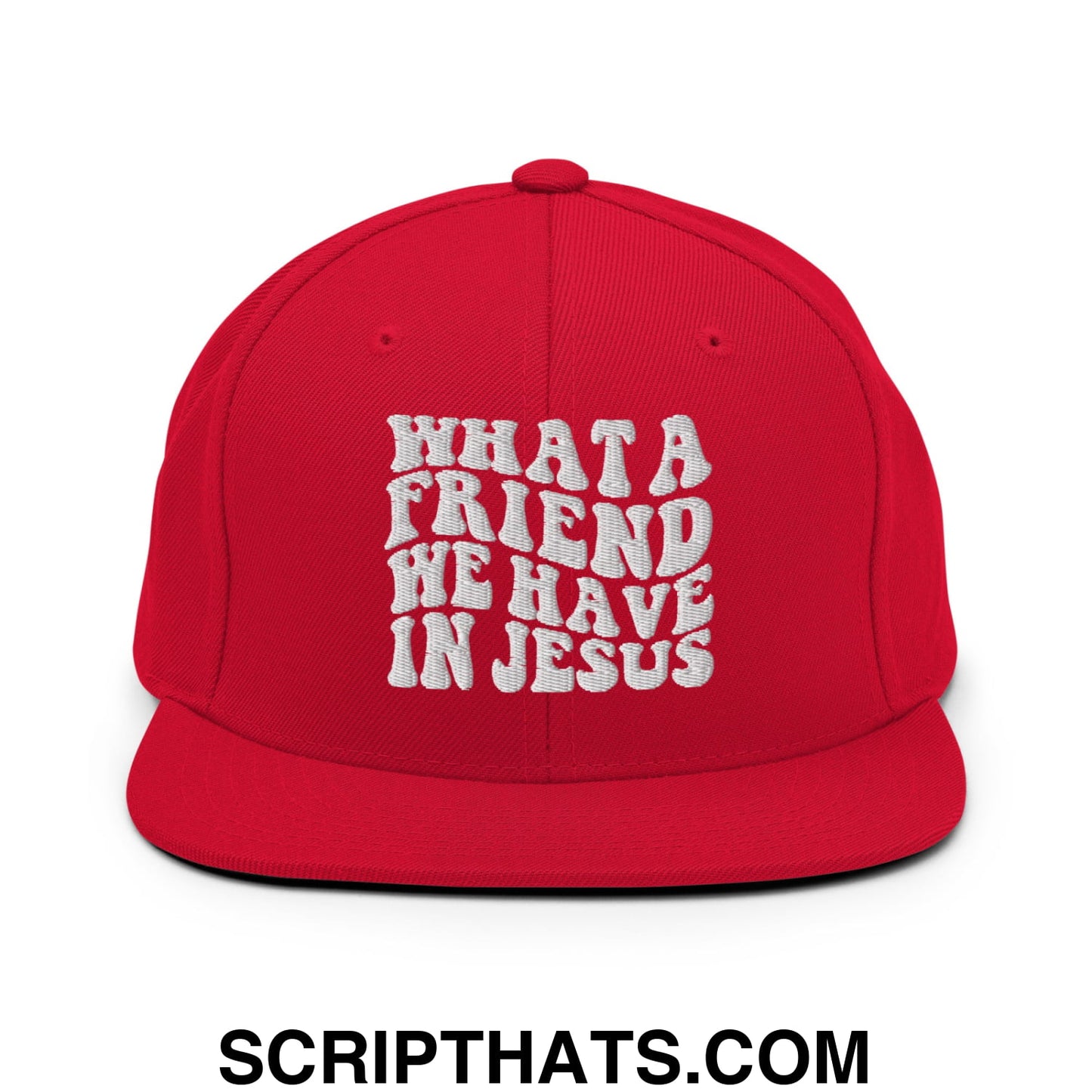 What a Friend We Have in Jesus Embroidered Flat Bill Brim Snapback Hat Red