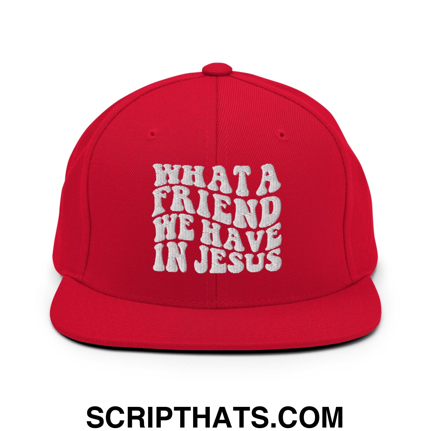 What a Friend We Have in Jesus Embroidered Flat Bill Brim Snapback Hat Red