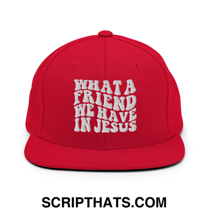 What a Friend We Have in Jesus Embroidered Flat Bill Brim Snapback Hat Red