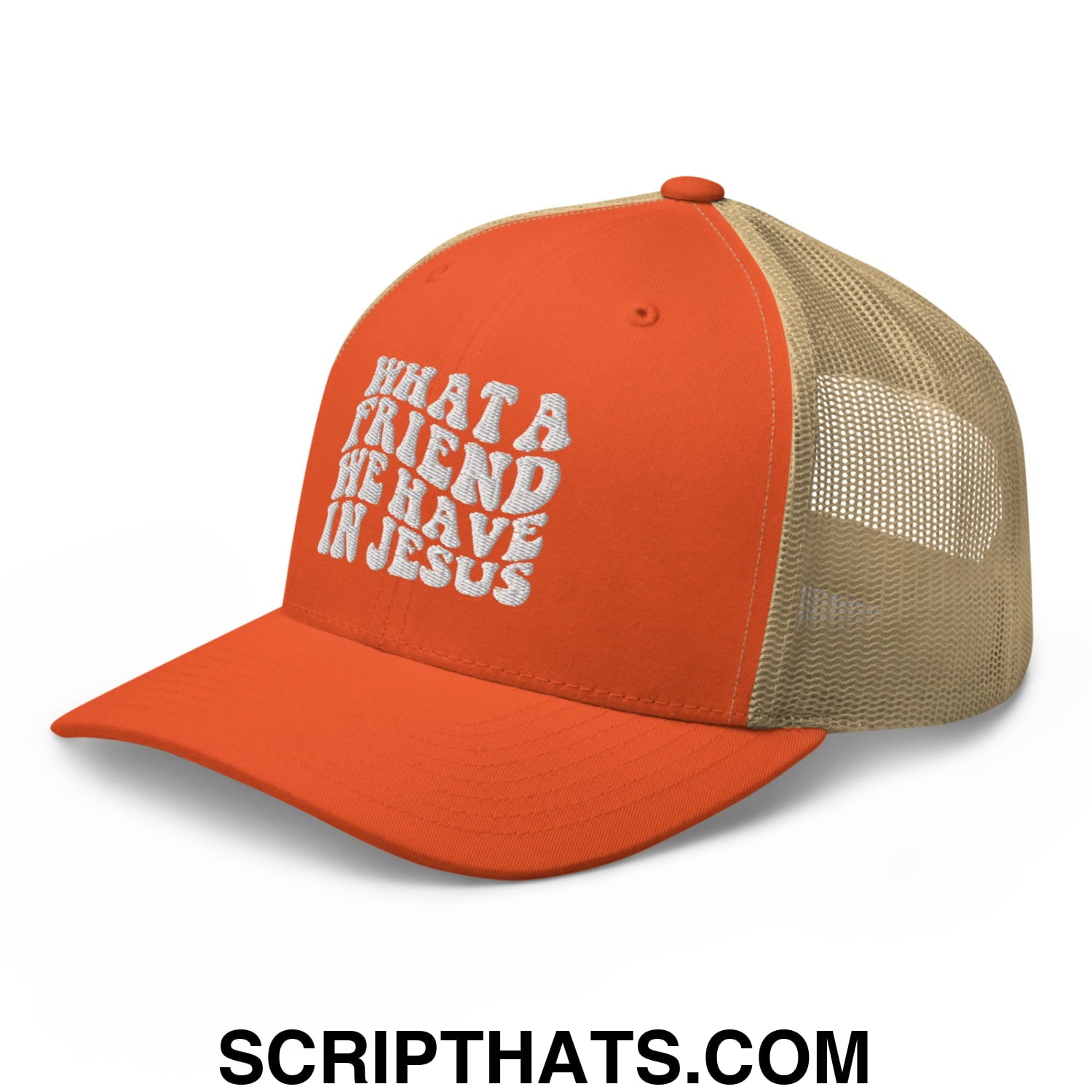 What a Friend We Have in Jesus Embroidered Mesh Trucker Hat Rustic Orange Khaki