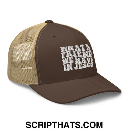 What a Friend We Have in Jesus Embroidered Mesh Trucker Hat Brown Khaki