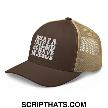 What a Friend We Have in Jesus Embroidered Mesh Trucker Hat Brown Khaki
