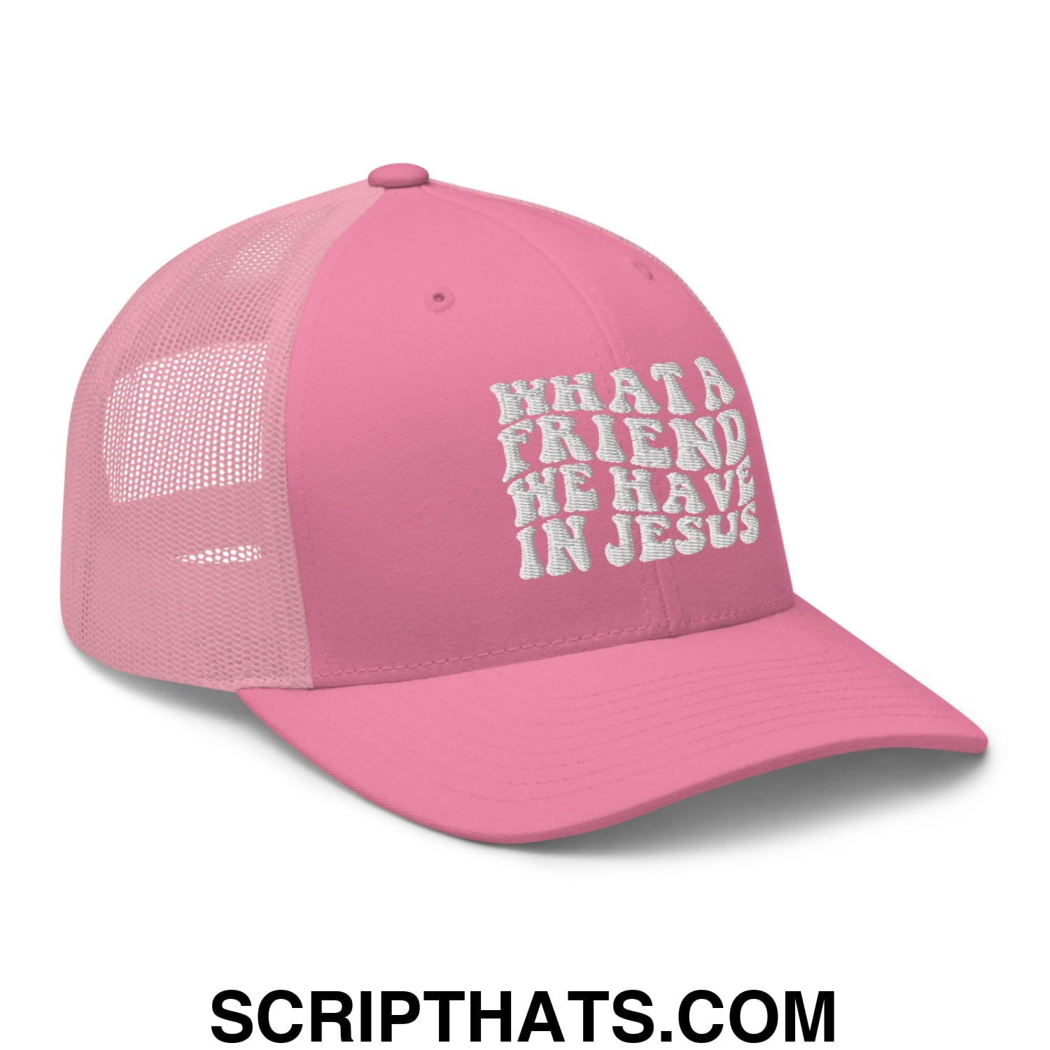 What a Friend We Have in Jesus Embroidered Mesh Trucker Hat Pink