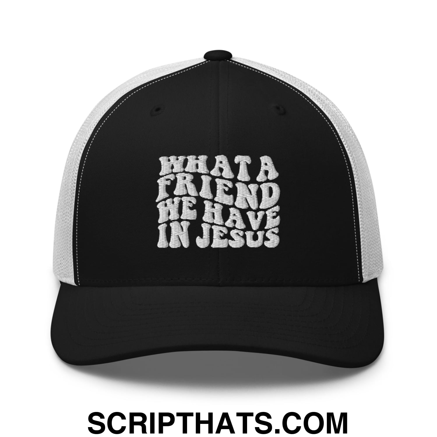 What a Friend We Have in Jesus Embroidered Mesh Trucker Hat Black White