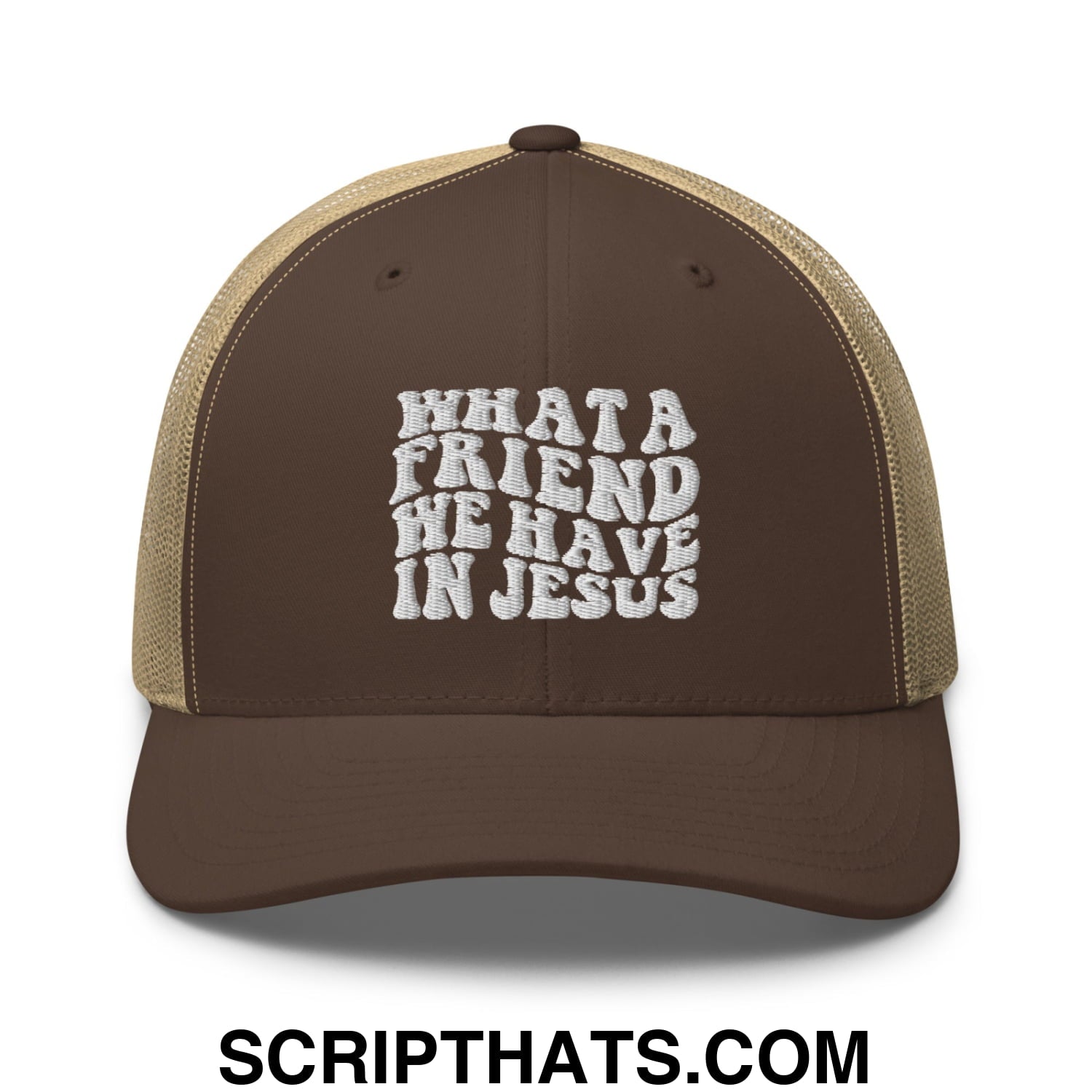 What a Friend We Have in Jesus Embroidered Mesh Trucker Hat Brown Khaki