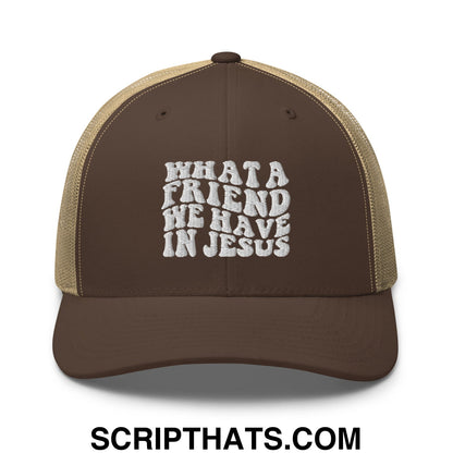 What a Friend We Have in Jesus Embroidered Mesh Trucker Hat Brown Khaki