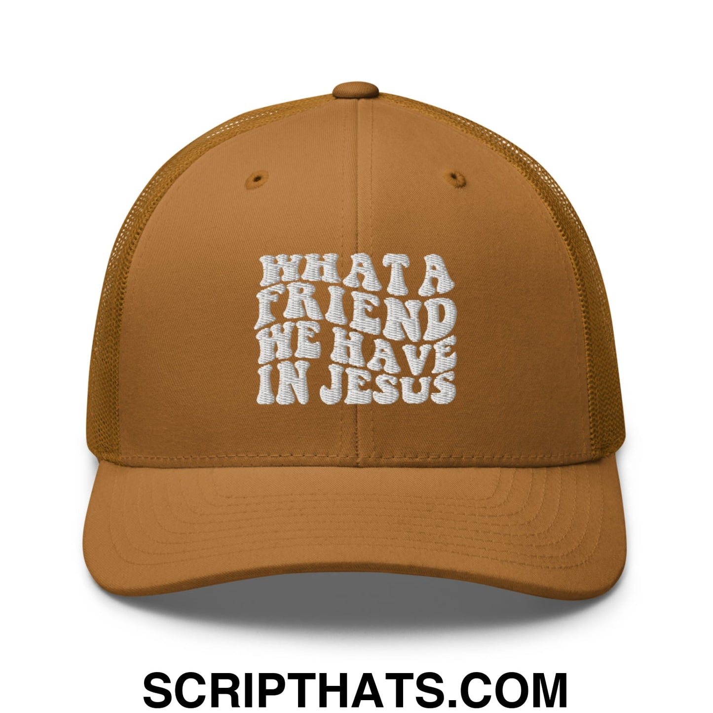 What a Friend We Have in Jesus Embroidered Mesh Trucker Hat Caramel