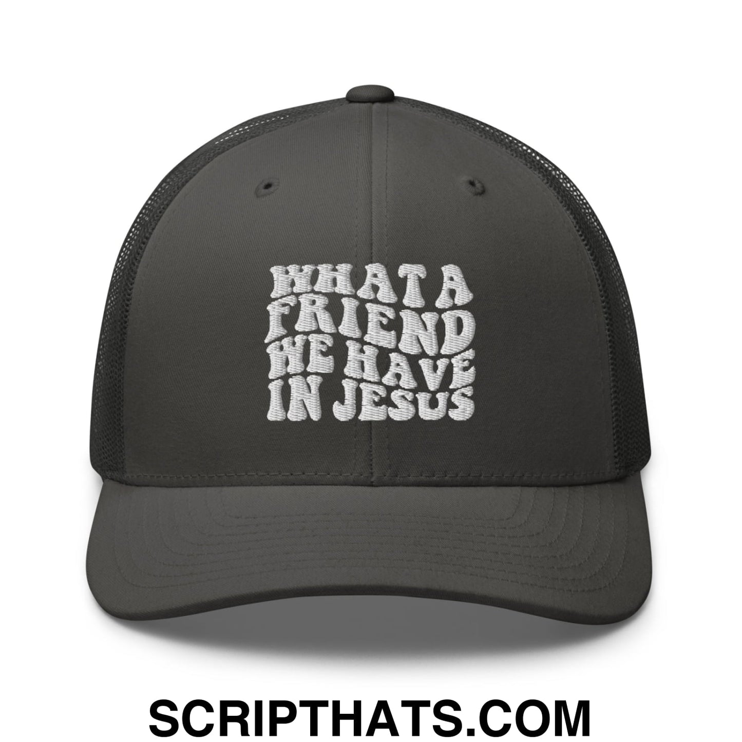 What a Friend We Have in Jesus Embroidered Mesh Trucker Hat Charcoal