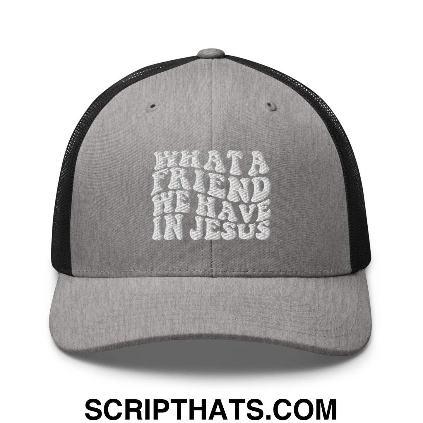 What a Friend We Have in Jesus Embroidered Mesh Trucker Hat Heather Black
